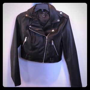 A black faux leather jacket